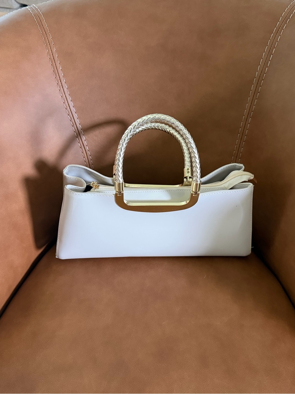 Cream Mini Top-Handle Bag with Braided Handles and Gold Hardware